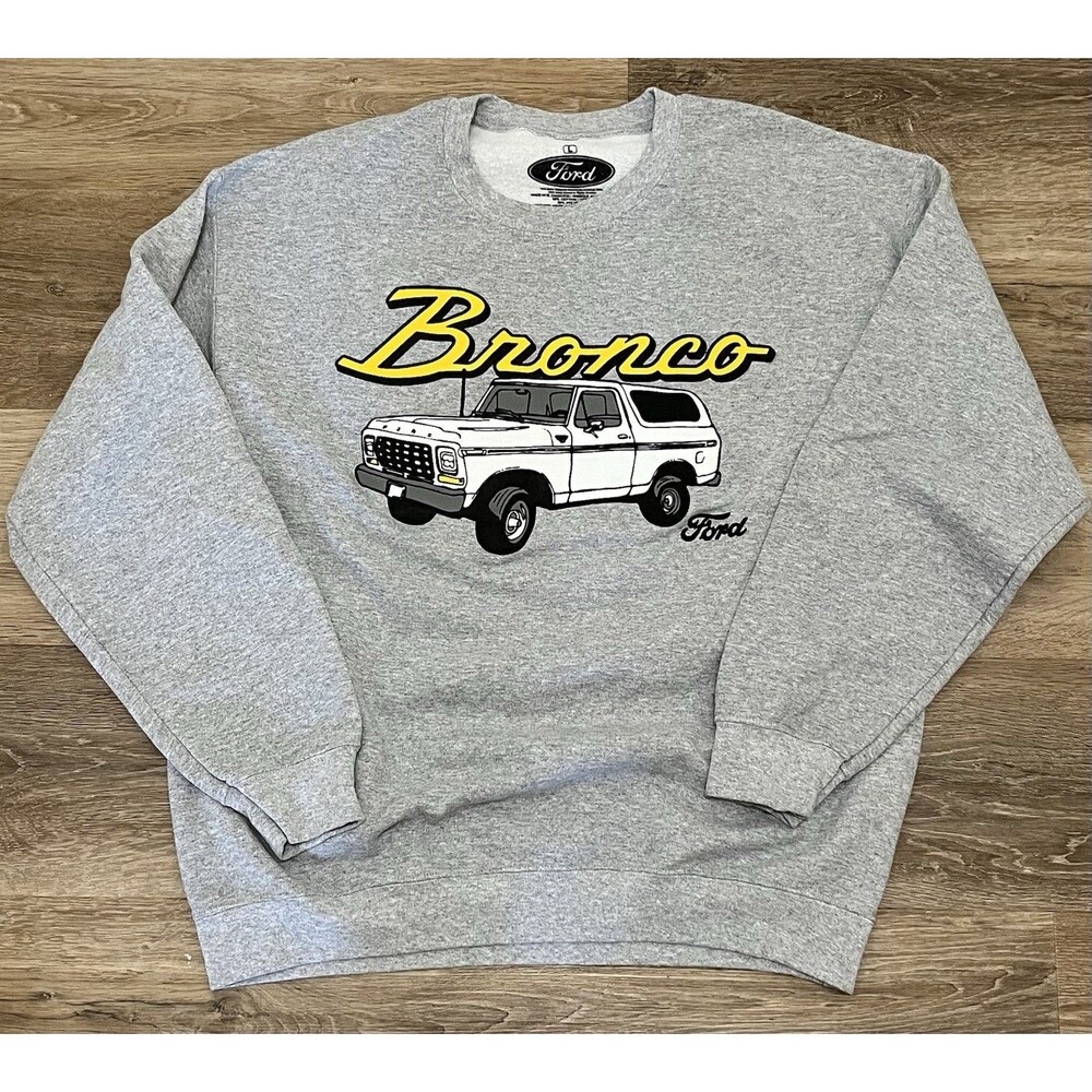 Ford Bronco Gray Crewneck Sweatshirt Large L Yellow Bucking Horse Graphic